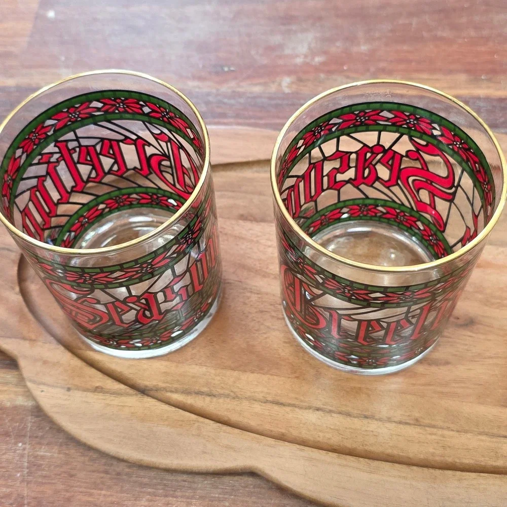 Vintage Houze Art Seasons Greetings Stained Glass Christmas Lowball Glass Set 2